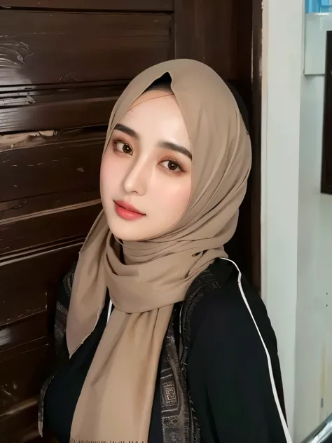 muslim woman wearing a black top and a tan scarf, hijab, with accurate face, dilraba dilmurat, her skin is light brown, handsome girl, attractive girl, portait photo profile picture, headshot profile picture, 🤤 girl portrait, malaysian, scarf, with kind fa...