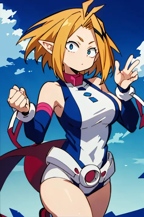 thick outlines, comics, photorealistic , masterpiece:1.2, , 1 girl, Alone, big breasts, , ochako, hair marrón con puntas del pelo azul turquesa, body, belt, sky, levitating rocks , detailed background , detailed face , detailed turquoise eyes , hair...