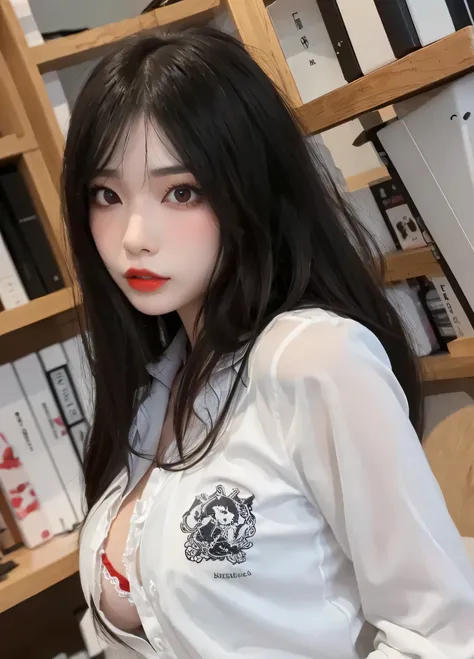 photorealistic nikon 55mm photo, Hanfu Chinese female celebrity goddess wearing an unbuttoned white blouse with a frilly white bra, gold earrings, red lips, long silky black hair, perfect bangs, eye shadow, attractive beauty, long black eyelashes, black ey...