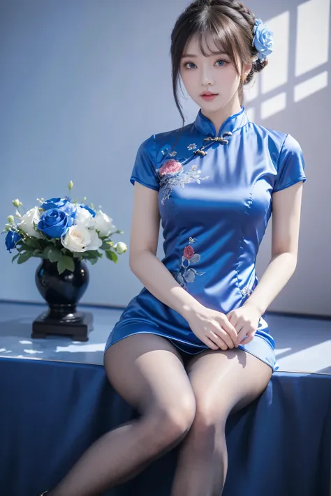 Cheongsam, 1 girl, blue bow, blue eyes, blue flowers, blue ribbon, blue rose, chest, Chinese clothing, Chinese clothing, dress, flower, gradient, gradient background, embroidered ball flower, looking at the audience, small chest, pantyhose, rose, single, t...