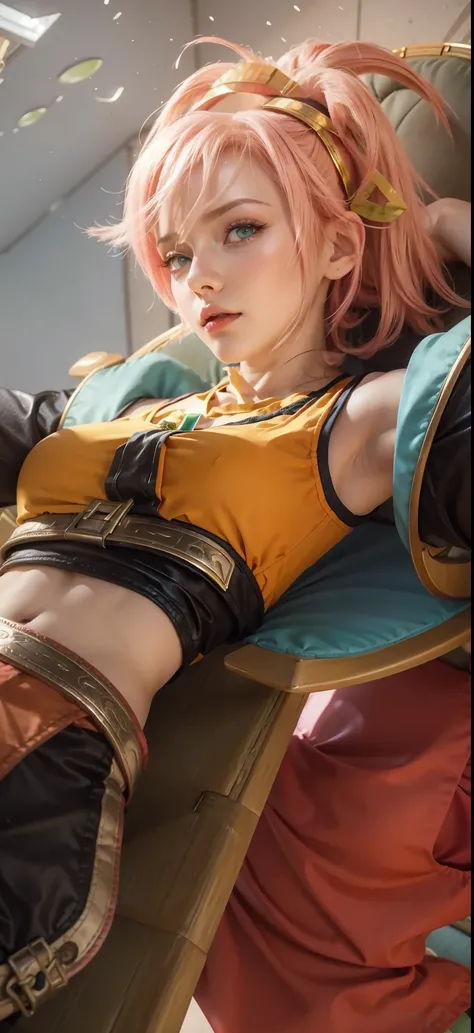 young woman, short shoulder-length pink hair, wide forehead, porcelain skin, pink eyebrows, big emerald green eyes, buttoned nose, full lips, heart-shaped face,small breasts, red tank top, Sakura Haruno , realistic, realism, details, 3d, well detailed