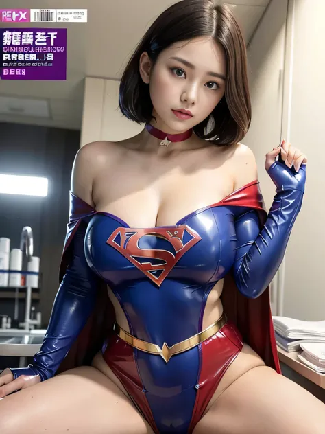 masterpiece、 latex supergirl costume 、 off-shoulder、Ultra short hair、 Big and Rich Breasts 、 sweaty and shiny skin 、Look directly into the camera、 choker 、Provocative cleavage、 Long Sleeve 、Cape、Glamorous bare legs、 in front of laboratory equipment in hosp...