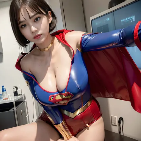 masterpiece、 latex supergirl costume 、 off-shoulder、Ultra short hair、 Big and Rich Breasts 、 shiny sweaty skin 、Look directly into the camera、 choker 、Provocative cleavage、 Long Sleeve 、Cape、Glamorous bare legs、 in front of laboratory equipment in hospital...