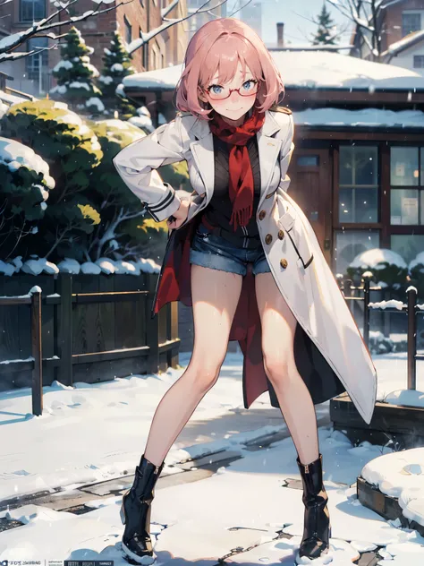 anime - style illustration of a woman in a sexual hotpants:1.5, white long coat, long boots, long red muffler, anime character, official character art, feminine, full body, female anime girl, (obscene Leaning forward Posing:1.5), (motion line:1.5), (Trembl...