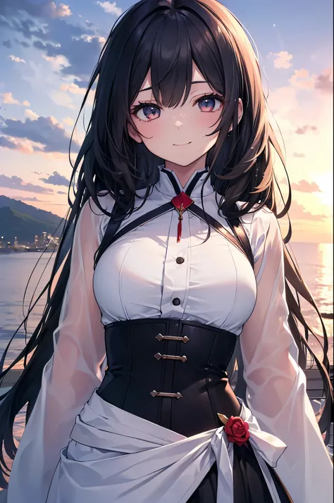  ANIME STYLE, In the sky, Across the sea, I opened my eyes,  eyes detail , In the sunset, smile, masterpiece, 4K,  detailed face ,  good anatomy , ハイライツ,
( One Girl :1.2), ( long black hair :1.2), ( dark eyes:1.2), (Whitening:1.2), 
( height 148 cm:1.2), (...