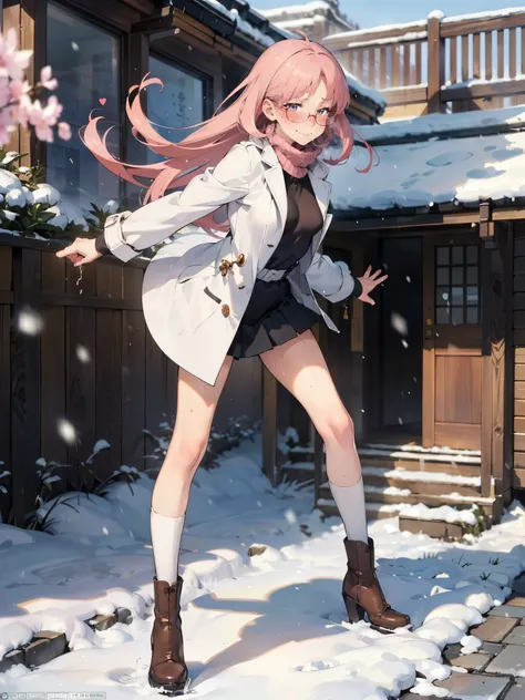 anime - style illustration of a woman in a micro skirt:1.5, white long coat, long boots, long red muffler, anime character, official character art, feminine, full body, female anime girl, (Posing:1.5), (motion line:1.5), (Trembling With Sexual Climax:1.3),...