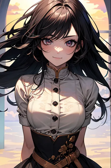  ANIME STYLE, In the sky, Across the sea, I opened my eyes,  eyes detail , In the sunset, smile, masterpiece, 4K,  detailed face ,  good anatomy , ハイライツ,
( One Girl :1.2), ( long black hair :1.2), ( dark eyes:1.2), (Whitening:1.2), 
( height 148 cm:1.2), (...