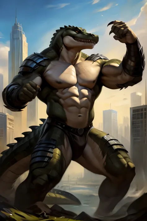 Alligator, comic book style, illustration, solo, ferocious, male, [[badass pose]], torn armor, masterpiece, best art, full body, by chunie, by honovy, detailed eyes, detailed body, claws, masculine body shape, tall, topless, pecs, biceps, ((full body)), ma...