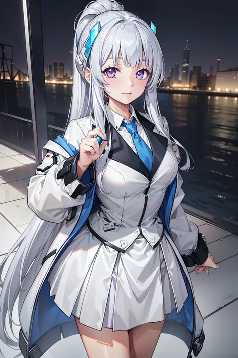 (      Best Quality   ,4K,8K,     high resolution , masterpiece :1.2),         super detailed       ,  girl ，Holy，(     silver white hair     ) ， Purple Eyes，obsessed，  Single ponytail，  pajamas，Gel coat， happy    ，  