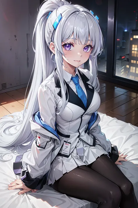 ( Best Quality ,4K,8K, high resolution , masterpiece :1.2), super detailed , girl ,Holy,( silver white hair ) , Purple Eyes,obsessed, Single ponytail, pajamas,Gel coat, happy ,