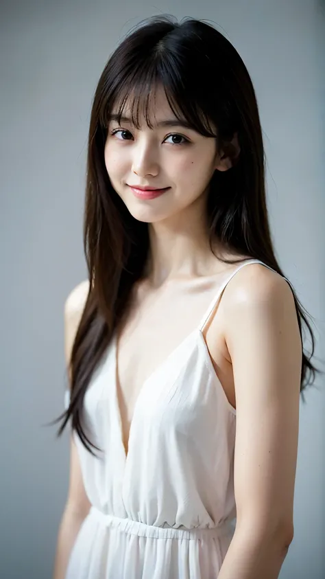 (( top quality )), Bishoujo, Get out, 1 girl, bestquality, masterpiece, bangs,  straight long hair ,  white simple dress,　 beautiful girl,  Im wearing simple clothes。　 beautiful girl,　light grey background , Smile