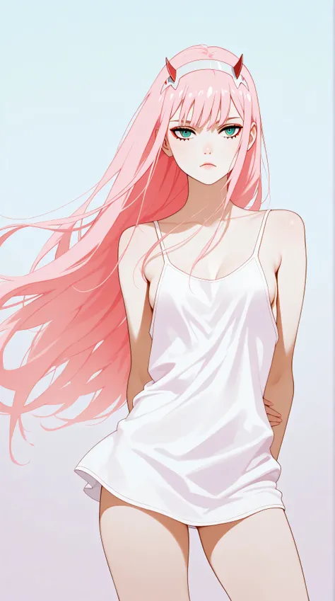 Zero Two from Darling in the Franxx, horns, pink hair, teal eyes, small breasts, slender legs, lingerie, standing in a relaxed contrapposto pose with her hands behind her back, she’s facing viewer straight, having a dramatic, neutral expression on her youn...