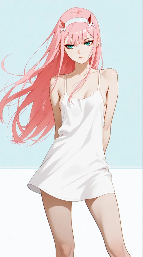 Zero Two from Darling in the Franxx, horns, pink hair, teal eyes, small breasts, slender legs, lingerie, standing in a relaxed contrapposto pose with her hands behind her back, she’s facing viewer straight, having a dramatic, neutral expression on her youn...