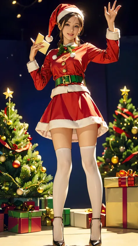 ((( top quality ))), thin thighs , long legs ,( One Girl :1.3),( Im wearing a long flared skirt dress with white tights and high heels :1.3),( Santa Claus Mini Flared Skirt Dress :1.5), Wear Blonde and Curly :1.2、 beautiful smile:1.5,Skirt ...