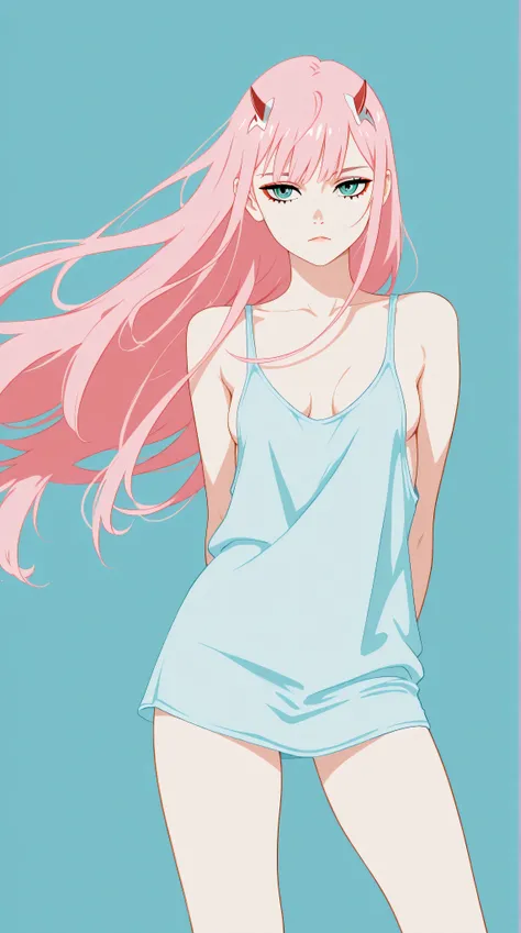 Zero Two from Darling in the Franxx, horns, pink hair, teal eyes, small breasts, slender legs, lingerie, standing in a relaxed contrapposto pose with her hands behind her back, she’s facing viewer straight, having a dramatic, neutral expression on her youn...