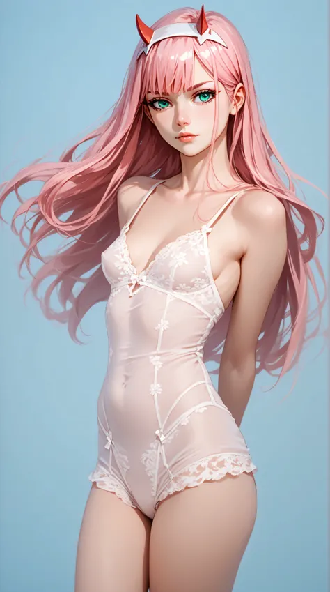 Zero Two from Darling in the Franxx, horns, pink hair, teal eyes, small breasts, slender legs, lingerie, standing in a relaxed contrapposto pose with her hands behind her back, she’s facing viewer straight, having a dramatic, neutral expression on her youn...