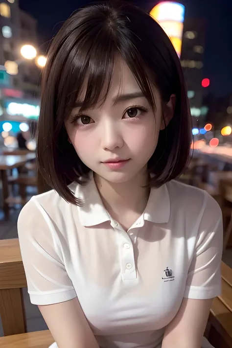 Port Tower, reflection, [City lights,  from behind ],  waterfront,  stainless steel round bar deck,  1 Japanese girl , Semi-long bob cut, Wide Set Eye , Pale skin,  shyly , , ,  open your mouth slightly , 
 Extreme Closeup Footage , ( white skirt,  polo sh...