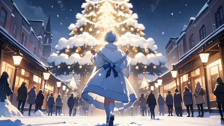 (masterpiece,   high res,  high res,  Details, 8k), Rear view of a woman with short silver hair ,   looking sadly at the big shining Christmas tree in a town with a shining Christmas market 、 big glowing Christmas tree  ,  fun atmosphere,   big glowing Chr...