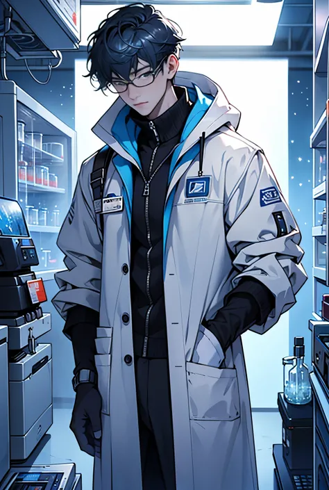  The scientist wears a white lab coat, standing in front of the lab equipment.,  stars holding a small bag containing glittering blue sea ice crystals. ,  lab device is filled with test tubes , bottle, And the ,, in the form of an art group, the star xing ...