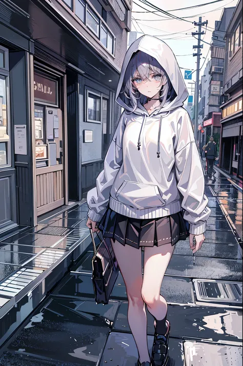 （tmasterpiece，best qualtiy：1.3），extremly high detail，complex，8k，Alone，The expression is sad，the wallpaper，cinmatic lighting，hoody， Short pleated skirt， the street， exteriors，Heavy rain， neonlight