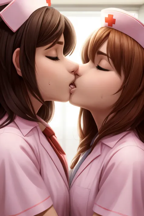 2girls:1.9, two lesbian girls kissing, yuri, yuri kiss, intertwined tongues, exchanging drool, shoulders and neck, sweaty, hot embrace, stringy drool, nurse, pink nurse uniform, empty hospital room, hidden, girls ging each other, face to face, wide s hot, ...