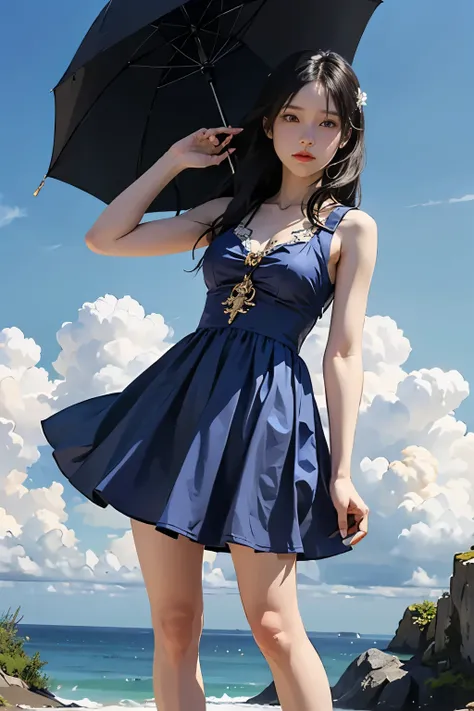 Colorful clouds,Floating in the air,Girl with pink umbrella, Anime Cosplay, Blue-violet long hair,Blue eyes,Blue sleeveless dress,Large pockets,Black Knee High Socks,Books that open in the air,Fantasy Artwork, digital art on pixiv, alchemist girl, beautifu...