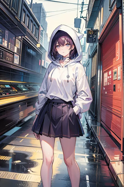 （tmasterpiece，best qualtiy：1.3），extremly high detail，complex，8k，Alone，The expression is sad，the wallpaper，cinmatic lighting，hoody， Short pleated skirt， the street， exteriors，Heavy rain， neonlight