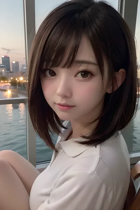 Port Tower, reflection, [City lights,  from behind ],  waterfront,  stainless steel round bar deck,  1 Japanese girl , Semi-long bob cut, Wide Set Eye , Pale skin,  shyly , , ,  open your mouth slightly , 
 Extreme Closeup Footage , ( white skirt,  polo sh...