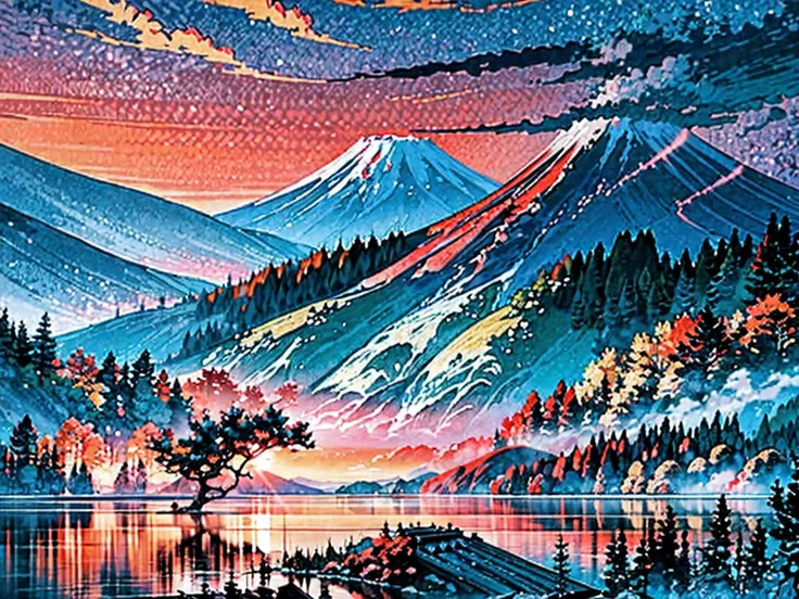 a beautiful dynamic japanese landscape, a majestic Mount Fuji, glorious sunrise, traditional japanese art style, 8k, highly detailed, vivid colors, dramatic lighting, breathtaking scenery, tranquil atmosphere, serene lake, lush foliage, intricate details, ...