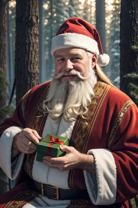 portrait of a happy Russian Santa Claus, surrounded by a fabulous forest, Christmas tree, preparing gifts for the holiday:: soft warm light, fabulous atmosphere, detailed, complex details, deep focus, wide angle