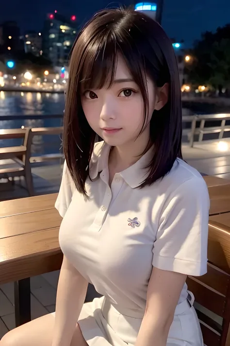 Port Tower, reflection, [City lights,  from behind ],  waterfront,  stainless steel round bar deck,  1 Japanese girl , Semi-long bob cut, Wide Set Eye , Pale skin,  shyly , , ,  open your mouth slightly , 
 Extreme Closeup Footage , ( white skirt,  polo sh...