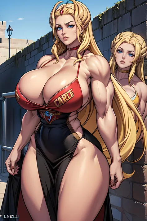 castle background 1girl (((WOMAN:2))) sheraquiron character ((very long platinum hair)) long black dress ((((MASSIVE FEMALE BODYBUILDER)))) (huge body) (((((huge breasts)))))