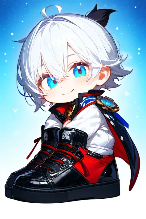 Male. Has short white hair tied in a small white ponytail that rests on his shoulder. He is wearing a dark red winter prince outfit. He is wearing black shoes. His eyes are dark blue. Handsome. Thin. Elegant. The guy is smiling softly. A gift in your hands...