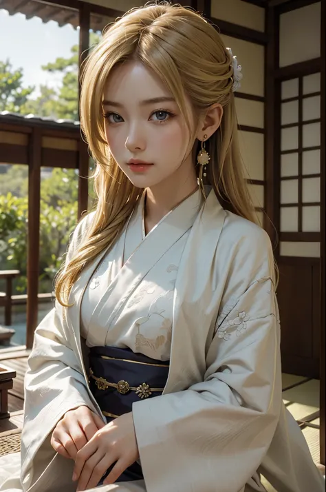 (photo realistic), (masterpiece), HDR, wallpaper, Highest quality, Award-winning photography,
(Intricate details), (Subtle details), (Intricate details),
(Cinematic Light), Sharp focus, 
A young blonde woman from Northern Europe,
dressed in a pretty kimono...