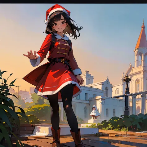 ( high quality,  High Resolution , Super detailed, Realism:1.37), Peaceful atmosphere, ( outdoor, garden),  Teenage Girl Standing Alone, BEAUTIFUL DETAILED FEATURES ,  cute smile, (Black bob hair ),  Santa Claus costume,  red skirt ,  black tights, Brown b...