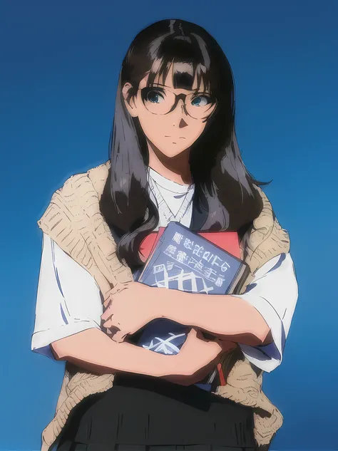 A cute anime girl with long straight black hair, wearing glasses, styled in twin tails, and dressed in a beige knitted vest over a white t-shirt. She is holding a book titled Bisnis Jalan Langit, with a calm and slightly serious expression. The background ...