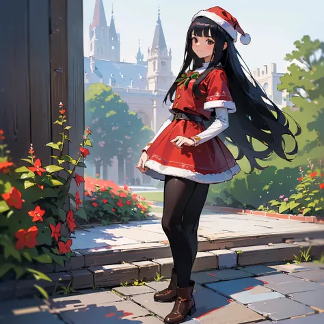 ( high quality,  High Resolution , Super detailed, Realism:1.37), Peaceful atmosphere, ( outdoor, garden),  Teenage Girl Standing Alone, BEAUTIFUL DETAILED FEATURES ,  cute smile, (Black bob hair ),  Santa Claus costume,  red skirt ,  black tights, Brown b...