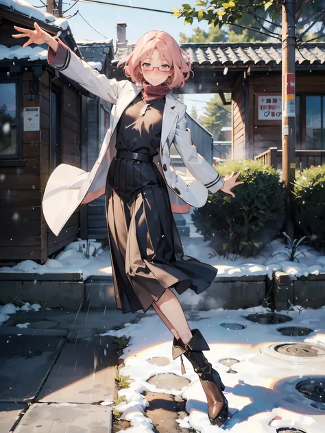 anime - style illustration of a woman in a long skirt:1.5, white long coat, long boots, long red muffler, anime character, official character art, feminine, full body, female anime girl, (Posing:1.5), (motion line:1.5), parted bangs, glasses, (tanned:1.0),...