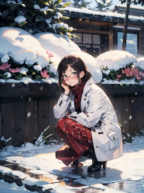 anime - style illustration of a woman in a long skirt:1.5, white long coat, long boots, long red muffler, anime character, official character art, feminine, full body, female anime girl, (squatting Posing:1.5), (motion line:1.5), parted bangs, glasses, (ta...