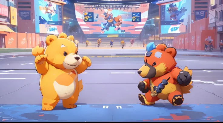 there are two cartoon bears that are standing in the street, buizel and human fusion, fighting game, hajime no ipo box fight, anime fight, gameplay footage, intense fighting, giga chad capaybara, fall guys, fighting, splash art brawlstars, gameplay video, ...