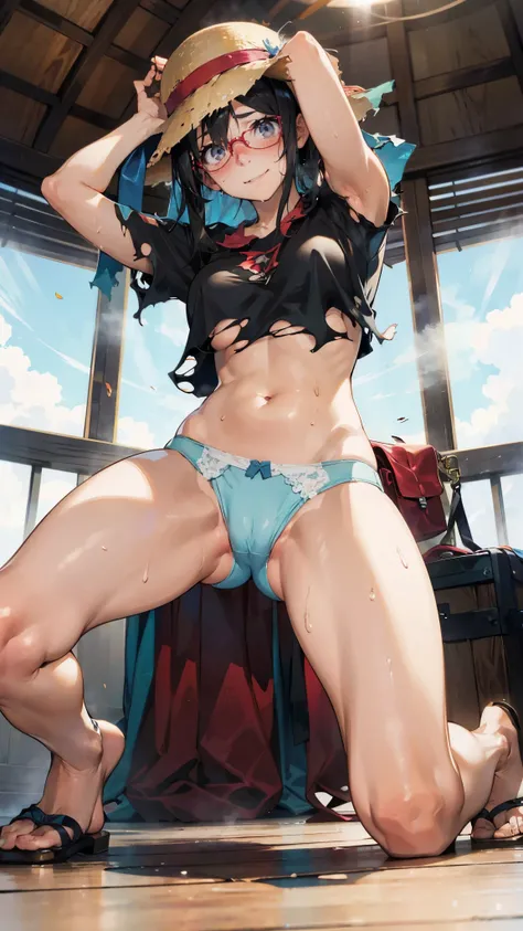 anime - style illustration of a woman in a (torn panties:1.5) and white T-shirt, Straw hat, sandal, anime character, official character art, full body, female anime girl, (black hair:1.5), (Embarrassed:1.5), smile, (tanned:1.2), armpit, (sweaty:1.2), glass...