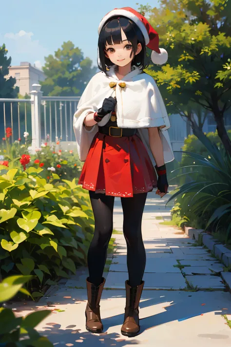 ( high quality,  High Resolution , Super detailed, Realism:1.37), Peaceful atmosphere, ( outdoor, garden),  Teenage Girl Standing Alone, BEAUTIFUL DETAILED FEATURES ,  cute smile, (Black bob hair ),  Santa Claus costume,  red skirt ,  black tights, Brown b...