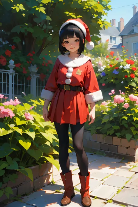 ( high quality,  High Resolution , Super detailed, Realism:1.37), Peaceful atmosphere, ( outdoor, garden),  Teenage Girl Standing Alone, BEAUTIFUL DETAILED FEATURES ,  cute smile, (Black bob hair ),  Santa Claus costume,  red skirt ,  black tights, Brown b...