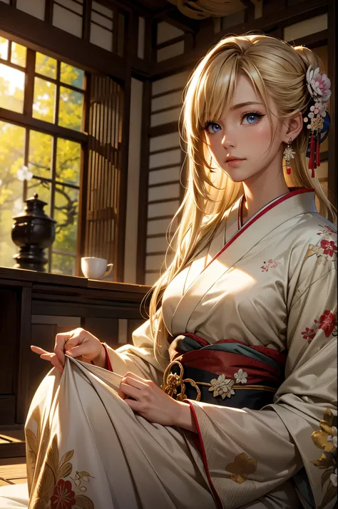 (photo realistic), (masterpiece), HDR, wallpaper, Highest quality, Award-winning photography,
(Intricate details), (Subtle details), (Intricate details),
(Cinematic Light), Sharp focus, 
A young blonde woman from Northern Europe,
dressed in a pretty kimono...