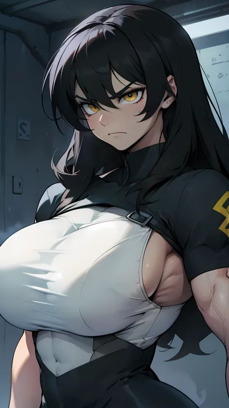 gigantic breasts huge muscles extremely thick expressionless sad frown girl black hair yellow eyes pale skin 