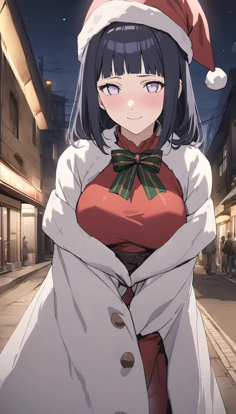 best quality,masterpiece,highres,absurdres,newest,rating: general, (hinata, 1girl, hyuuga hinata, purple eyes,white eyes, blunt bangs), black hair, cristmas red darkbcostume , cosplay, cristmas hat, cristmas costume, blushing , light smile, , cristmas shot...