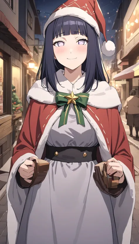 best quality,masterpiece,highres,absurdres,newest,rating: general, (hinata, 1girl, hyuuga hinata, purple eyes,white eyes, blunt bangs), black hair, cristmas red darkbcostume , cosplay, cristmas hat, cristmas costume, blushing , light smile, , cristmas shot...