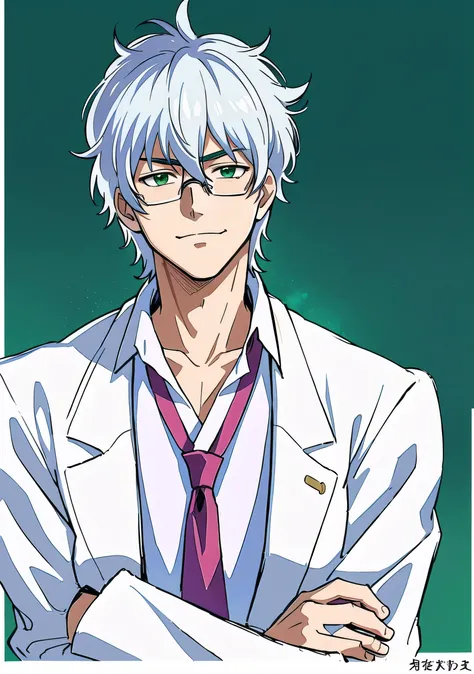 an anime photo of an anime character with Silver hair, Gintoki from Gintama, he is a teacher, he is wearing an open white lab coat, he is wearing a green tie and medical glasses he is wearing a pink shirt under his lab coat, he is looking confident, raisin...