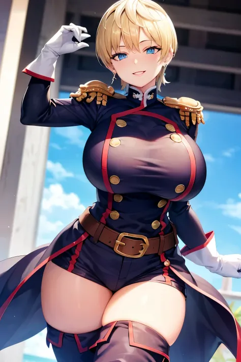 tenka izumo, short hair, blue eyes, blonde hair,
thighhighs, white gloves, jewelry, earrings, boots, shorts, belt, uniform, military, military uniform, thigh boots, epaulettes, 
huge breasts, large breasts, big breasts, gigantic breasts. smile, micro bikin...