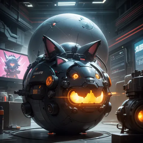  A spherical cat bomb with furry ears,  robotically , cyberpunk,  Punk diesel, Biopunk,   in a setting of a futuristic science-fiction city with hologram screens, state of the art mechanisms and technology  . 